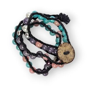 Beaded Wrap Bracelet Colorful Glass Faux Pearl Tropical Turquoise Purple Pink